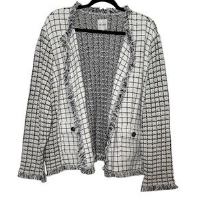 NIC+ZOE Jacket Size 2X Black White Fringe Open Front Windowpane Plaid Pockets